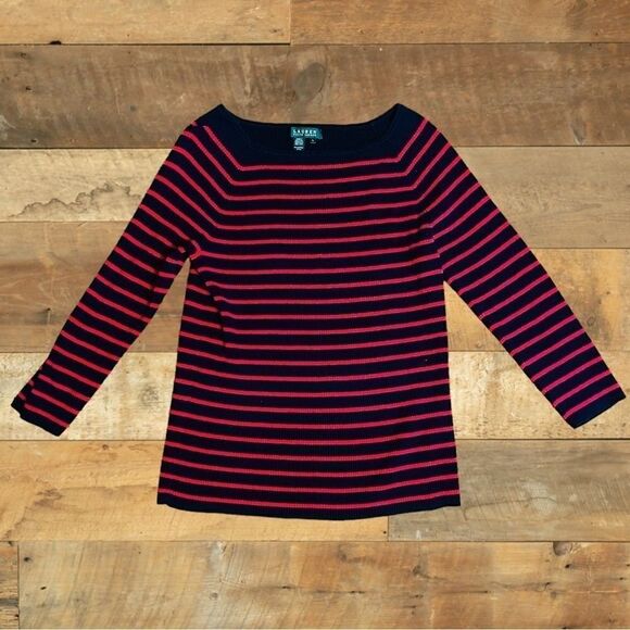 Lauren Ralph Lauren Women’s Size Large Navy & Red Striped Sweater • Relaxed Fit - Picture 5 of 16